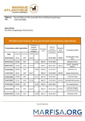 Downloadable Burkina Faso Banque Atlantique bank statement sample